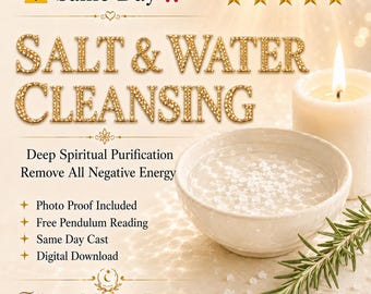 May include: Image promoting "Salt & Water Cleansing" with text and graphics. A white bowl of water with salt crystals sits next to a lit candle and sprig of rosemary. Text includes "Deep Spiritual Purification" and "White Magic Rituals."