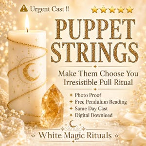 Könnte beinhalten: Werbung für ein weißmagisches Ritual. Das Bild zeigt eine brennende Kerze mit einem Mondsichel-Design, einen Kristall und den Text "Puppet Strings" und "White Magic Rituals."