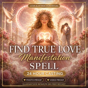 Puede incluir: Un gráfico digital con una figura central de cabello largo y corona floral sosteniendo un corazón brillante. Texto: LOVE & ATTRACTION RITUAL, FIND TRUE LOVE Manifestation SPELL, 24 HOUR CASTING, PHOTO PROOF, VIDEO PROOF, GUARANTEED RESULTS OR FREE RECAST.
