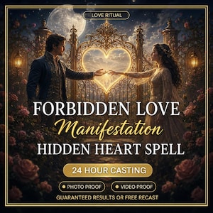 Puede incluir: Un gráfico digital que muestra a un hombre y una mujer alcanzando una puerta en forma de corazón bajo una luna llena. Texto: LOVE RITUAL, FORBIDDEN LOVE Manifestation, HIDDEN HEART SPELL, 24 HOUR CASTING, PHOTO PROOF, VIDEO PROOF, GUARANTEED RESULTS OR FREE RECAST.