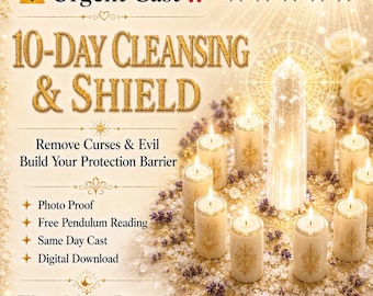 May include: An advertisement for White Magic Rituals. The image features lit candles, a large crystal, and text that reads "10-Day Cleansing & Shield." Additional text includes "Remove Curses & Evil" and "Build Your Protection Barrier."