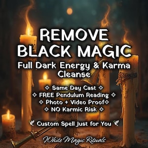 May include: Several tall, cream-colored pillar candles with flickering flames are arranged in a dark setting. The text reads: REMOVE BLACK MAGIC, Full Dark Energy & Karma Cleanse, Same Day Cast, FREE Pendulum Reading, Photo + Video Proof, NO Karmic Risk, Custom Spell Just for You, White Magic Rituals.