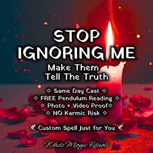 Puede incluir: Una vela encendida con cuerpo de cera blanca y rosa se encuentra entre pétalos de rosa rojos esparcidos. El texto dice: STOP IGNORING ME, Make Them Tell The Truth, Same Day Cast, FREE Pendulum Reading, Photo + Video Proof, NO Karmic Risk, Custom Spell Just for You, White Magic Rituals.