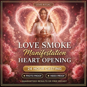 Puede incluir: Una persona con túnica rosa claro sostiene un quemador de incienso metálico, con humo formando un corazón arriba. El texto dice: LOVE RITUAL, LOVE SMOKE MANIFESTATION HEART OPENING, 24 HOUR CASTING, PHOTO PROOF, VIDEO PROOF, GUARANTEED RESULTS OR FREE RECAST.