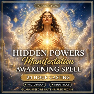 Può includere: Un grafico digitale che mostra una persona con capelli lunghi circondata da luce dorata e simboli celesti. Il testo recita: POWER RITUAL, HIDDEN POWERS Manifestation AWAKENING SPELL, 24 HOUR CASTING, PHOTO PROOF, VIDEO PROOF, GUARANTEED RESULTS OR FREE RECAST.