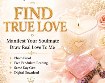 Peut inclure: Publicité avec le texte « TROUVER LE VRAI AMOUR » et « Manifestez votre âme sœur ». Une bougie en forme de cœur, une pierre en forme de cœur rose et des pétales de rose sont présentés. Le texte « White Magic Rituals » est en bas.