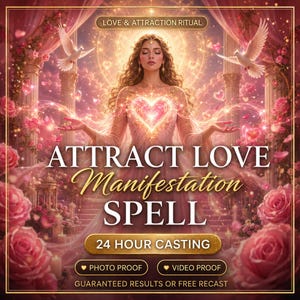Puede incluir: Una ilustración digital de una persona con cabello largo rodeada de rosas rosadas y palomas blancas. Texto: LOVE & ATTRACTION RITUAL, ATTRACT LOVE Manifestation SPELL, 24 HOUR CASTING, PHOTO PROOF, VIDEO PROOF, GUARANTEED RESULTS OR FREE RECAST.