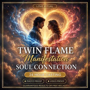 Puede incluir: Una ilustración digital con un hombre y una mujer frente a frente, rodeados de energía azul y naranja en forma de corazón. El texto dice: LOVE RITUAL, TWIN FLAME Manifestation SOUL CONNECTION, 24 HOUR CASTING, PHOTO PROOF, VIDEO PROOF, GUARANTEED RESULTS OR FREE RECAST.