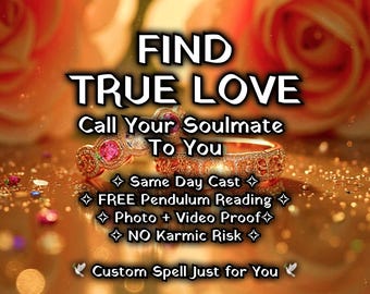 Op de afbeelding: Twee goudkleurige ringen met ingewikkelde texturen en ingebedde roze stenen. De tekst luidt: FIND TRUE LOVE, Call Your Soulmate To You, Same Day Cast, FREE Pendulum Reading, Photo + Video Proof, NO Karmic Risk, Custom Spell Just for You.