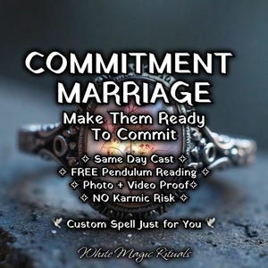Puede incluir: Un anillo de metal plateado con una pieza central ovalada que presenta un patrón rojizo similar a venas. El texto superpuesto dice: COMMITMENT MARRIAGE, Make Them Ready To Commit, Same Day Cast, FREE Pendulum Reading, Photo + Video Proof, NO Karmic Risk, Custom Spell Just for You, White Magic Rituals.