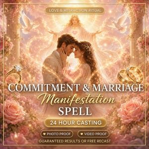 Könnte beinhalten: Eine digitale Grafik mit einem sich umarmenden Paar, umgeben von Rosen, Tauben und einer leuchtenden Figur. Der Text lautet: LOVE & ATTRACTION RITUAL, COMMITMENT & MARRIAGE MANIFESTATION SPELL, 24 HOUR CASTING, PHOTO PROOF, VIDEO PROOF, GUARANTEED RESULTS OR FREE RECAST.