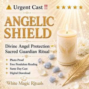 May include: An advertisement for White Magic Rituals. The image features a lit candle with an angel wing design, blue crystals, and a gold feather. Text includes "Angelic Shield" and "Divine Angel Protection Sacred Guardian Ritual."
