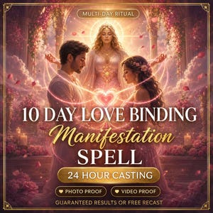 Puede incluir: Una ilustración digital que muestra a un hombre y una mujer frente a frente con un corazón brillante entre ellos, bajo una figura central etérea. El texto dice: 10 DAY LOVE BINDING Manifestation SPELL, 24 HOUR CASTING, PHOTO PROOF, VIDEO PROOF, GUARANTEED RESULTS OR FREE RECAST.