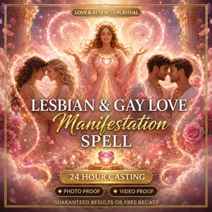 Puede incluir: Una ilustración digital con una figura angelical central sobre dos parejas, una de mujeres y otra de hombres, rodeadas de luz en forma de corazón, rosas rosadas y nubes. Texto: LOVE & ATTRACTION RITUAL, LESBIAN & GAY LOVE Manifestation SPELL, 24 HOUR CASTING, PHOTO PROOF, VIDEO PROOF, GUARANTEED RESULTS OR FREE RECAST.