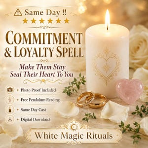 May include: A lit white candle with a heart design, a pink heart-shaped stone, and two gold rings. The image includes text that reads "Commitment & Loyalty Spell" and "White Magic Rituals."