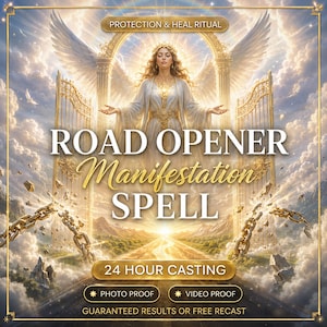 May include: A digital graphic featuring a central winged figure in white robes standing before a golden archway. Text reads: PROTECTION & HEAL RITUAL, ROAD OPENER Manifestation SPELL, 24 HOUR CASTING, PHOTO PROOF, VIDEO PROOF, GUARANTEED RESULTS OR FREE RECAST.