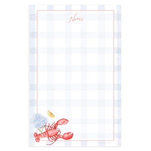 May include: A rectangular notepad featuring a light blue and white gingham pattern background. The page has a thin red border and the word Notes printed at the top. A red lobster and a blue hydrangea flower with a lemon slice are at the bottom.