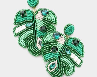 Clip On Green Leaf Seed Beaded Earrings Clipon Stone Embellished Multi Color Design