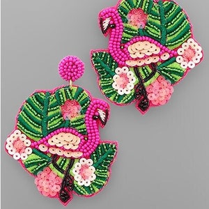 Clip On Flamingo Leaf Earrings Bird Sequin Seed Beaded Clipon Post Designs