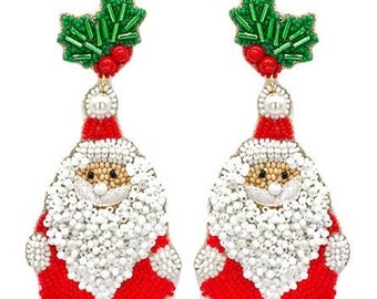 Christmas Santa Claus Clip On Earrings Seed Beaded Lightweight Clipon Post Designs Holly