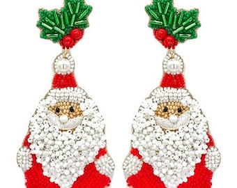 Christmas Santa Claus Clip On Earrings Seed Beaded Lightweight Clipon Post Designs Holly