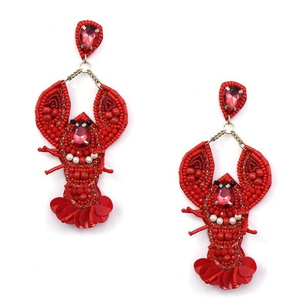Clip On Red Lobster Seed Beaded Earrings Clipon Crystal Jeweled Seedbead CrawfishDesign