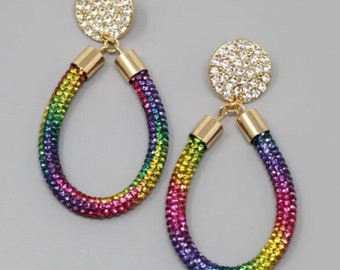 Rainbow Crystal Pave Loop Clip On Earrings Clipon Post Designs