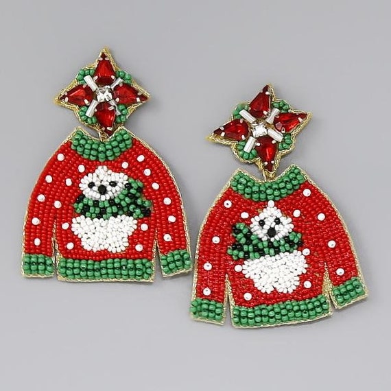 Christmas Sweater Clip on Earrings Seed Beaded Lightweight Clipon Post Designs Bear
