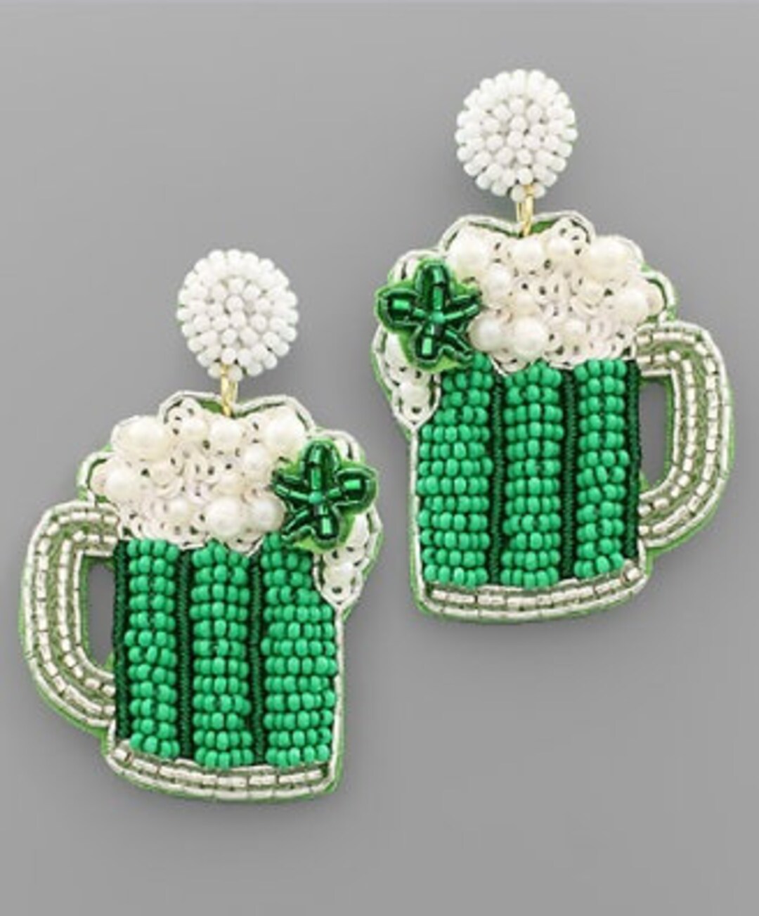 St Patricks Day Green Beer Earrings Seedbead Clipon Post Seed Beaded