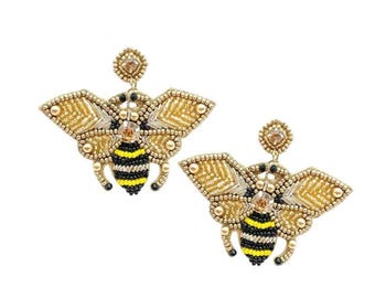 Gold Clip On Bumble Bee Seed Beaded Earrings Clipon Seedbead Design Yellow