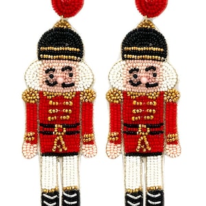 Clipon Seed Bead Nutcracker Earrings Winter Christmas Seedbead Clip on Post Designs 2 Colors