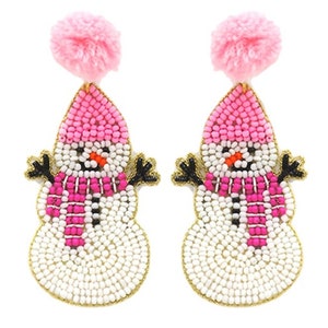 Clipon Seed Bead Snowman Earrings Pink Winter Christmas Seedbead Clip on Post Designs