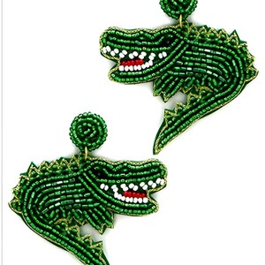 Clip On Green Alligator Seedbead Earrings Crocodile Seed Beaded Clipon Post Designs Gators