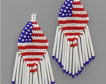 Clip On Earrings USA Seed Beaded Flag Liberty Seedbead Clipon Hook Tassel Design