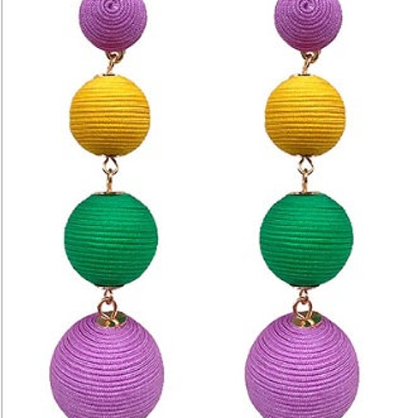 Clip On Thread Ball Wrap Earrings Mardis Gras Triple Ball Multi Color Clipon Post Designs