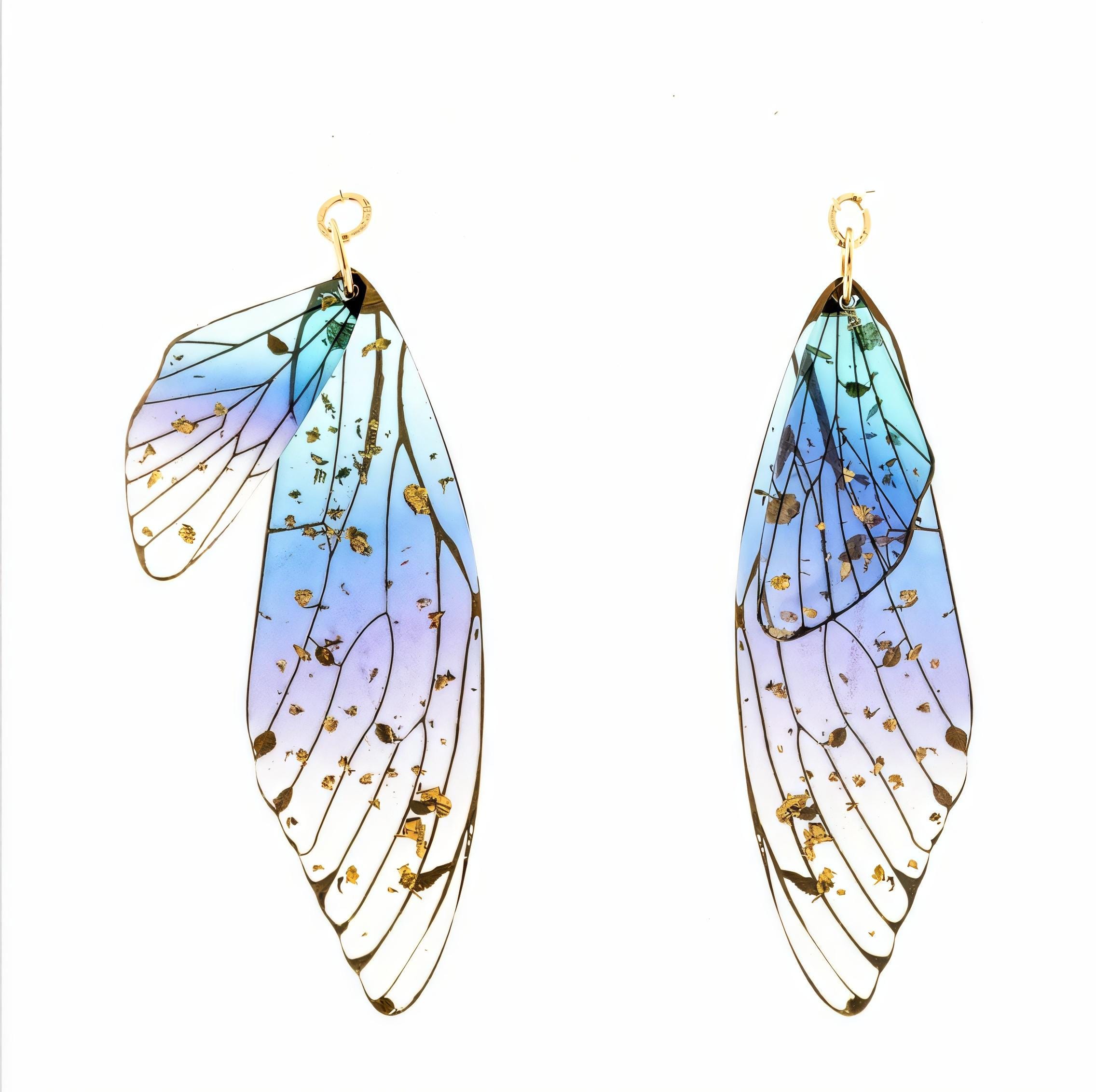 Gold Flake Resin Clip-On Earrings: Dragonfly Butterfly Wing Design