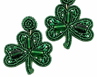 St Patricks Day Green Shamrock Clover Seedbead Clipon Earrings Seed Beaded Design