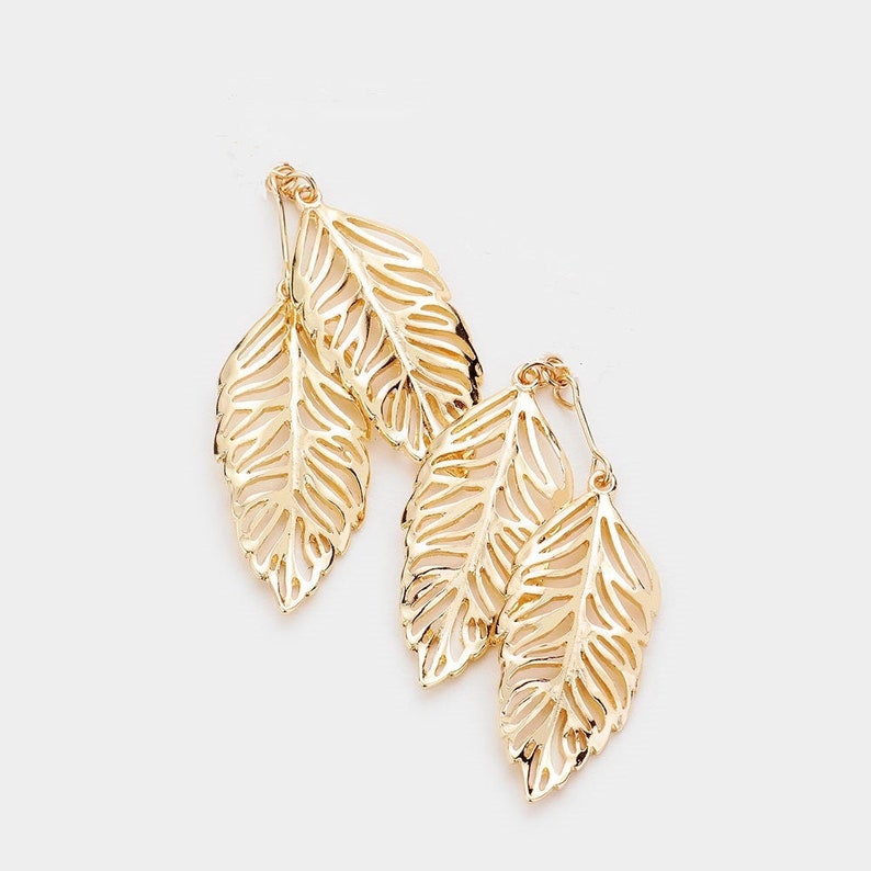 Clip On Double Leaf Earrings Lightweight Clipon or Fish Hook Design Silver Gold Small