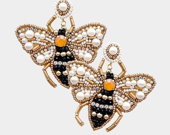 Gold Clip On Bumble Bee Seed Beaded Earrings Clipon Post Seedbead Design Pearl Yellow Gems