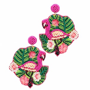 Clip On Flamingo Leaf Earrings Bird Sequin Seed Beaded Clipon Post Designs