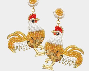 Clip On Colorful Rooster Seedbead Seed Beaded Earrings Clipon Post Designs Chickens 4 Colors