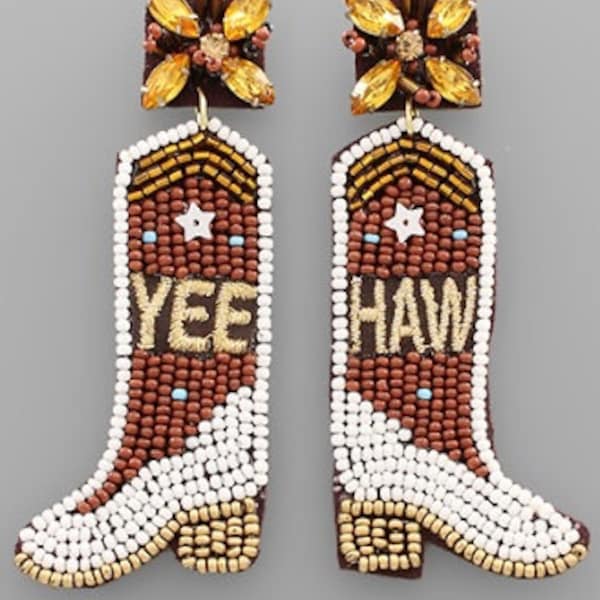 Clipon SeedBead Earrings Cowboy Boots Brown Seed Beaded Clip on Post Designs Yee Haw 2 Colors