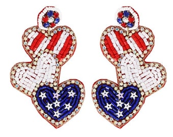 Patriotic USA Seedbead Clipon Earrings American Flag Clip Post Seed Beaded Designs Hearts