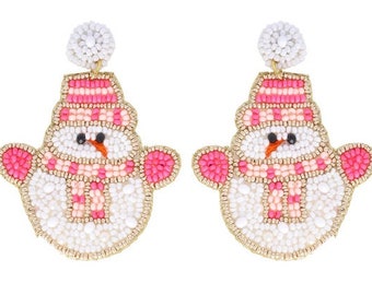 Clipon Seed Bead Snowman Earrings Winter Christmas Seedbead Clip on Post Designs 2 Colors