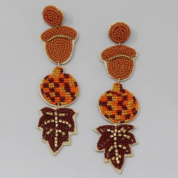 Clip On Triple Pumpkin Acorn Seedbead Earrings Seed Beaded Clipon Post Designs Fall Colors