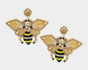 Gold Clip On Bumble Bee Seed Beaded Earrings Clipon Seedbead Design Yellow