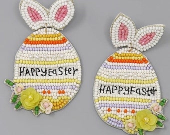 Clip On Happy Easter Egg Seed Beaded Earrings Seedbead Clipon Post Designs Bunny Ears 2 Colors