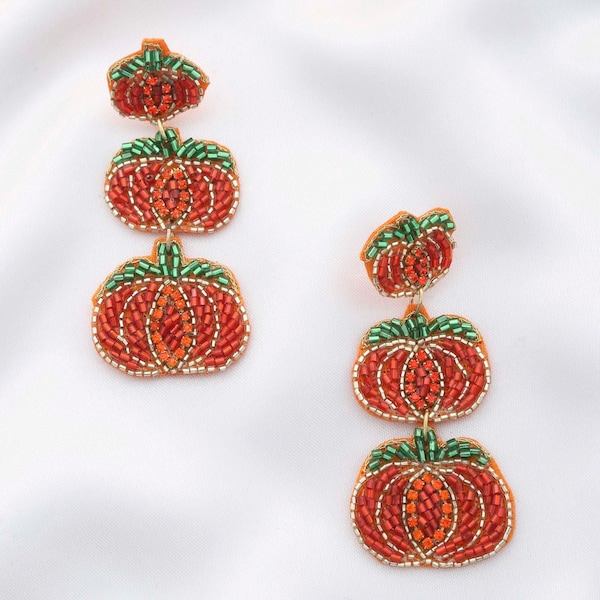 Clip On Triple Pumpkin Seedbead Earrings Seed Beaded Clipon Post Designs Fall Colors