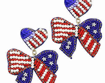 Patriotic Bow Seedbead Clipon Earrings American Flag Heart USA Clip Post Seed Beaded Designs