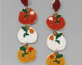 Clip On Triple Pumpkin Seedbead Earrings Seed Beaded Clipon Post Designs Fall Colors